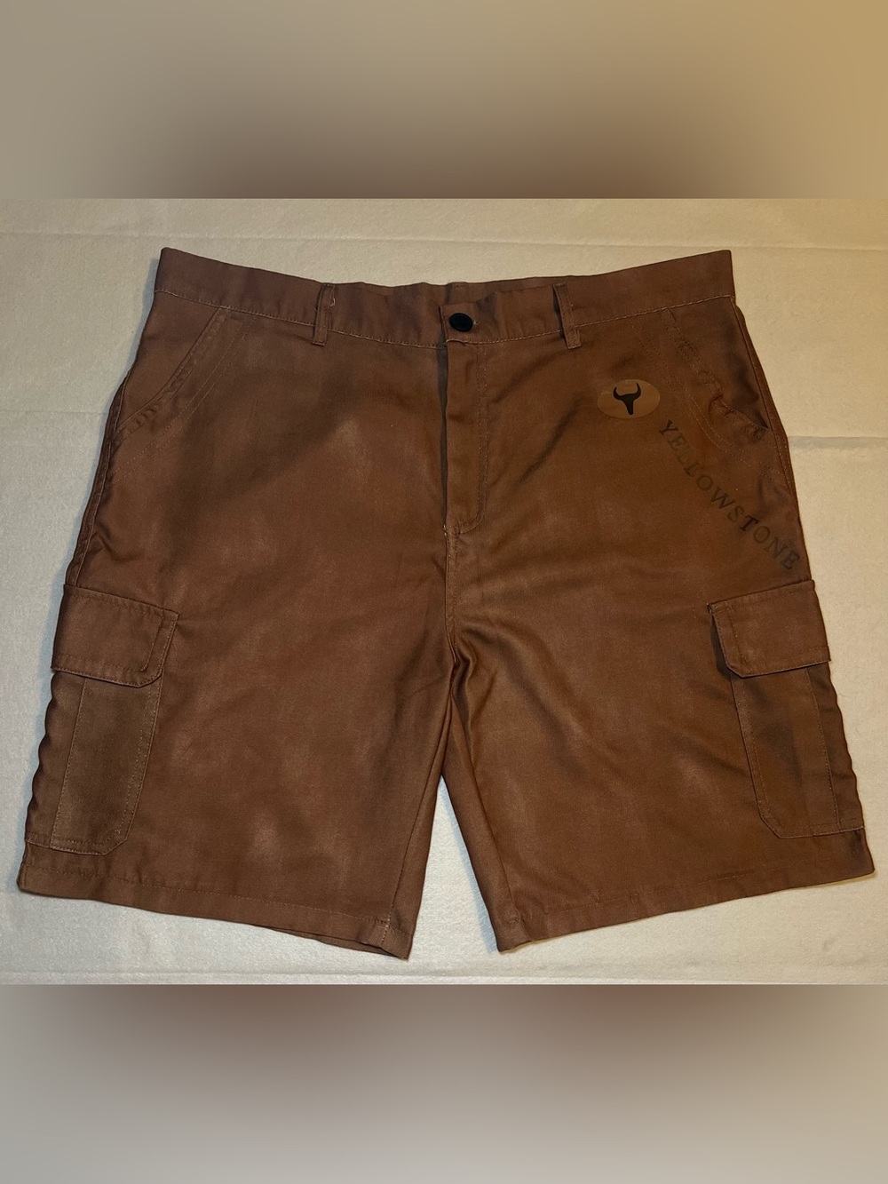 Yellowstone Men’s Dutton Ranch Logo Cargo Shorts,Brown Faux Suede, Size 2XL